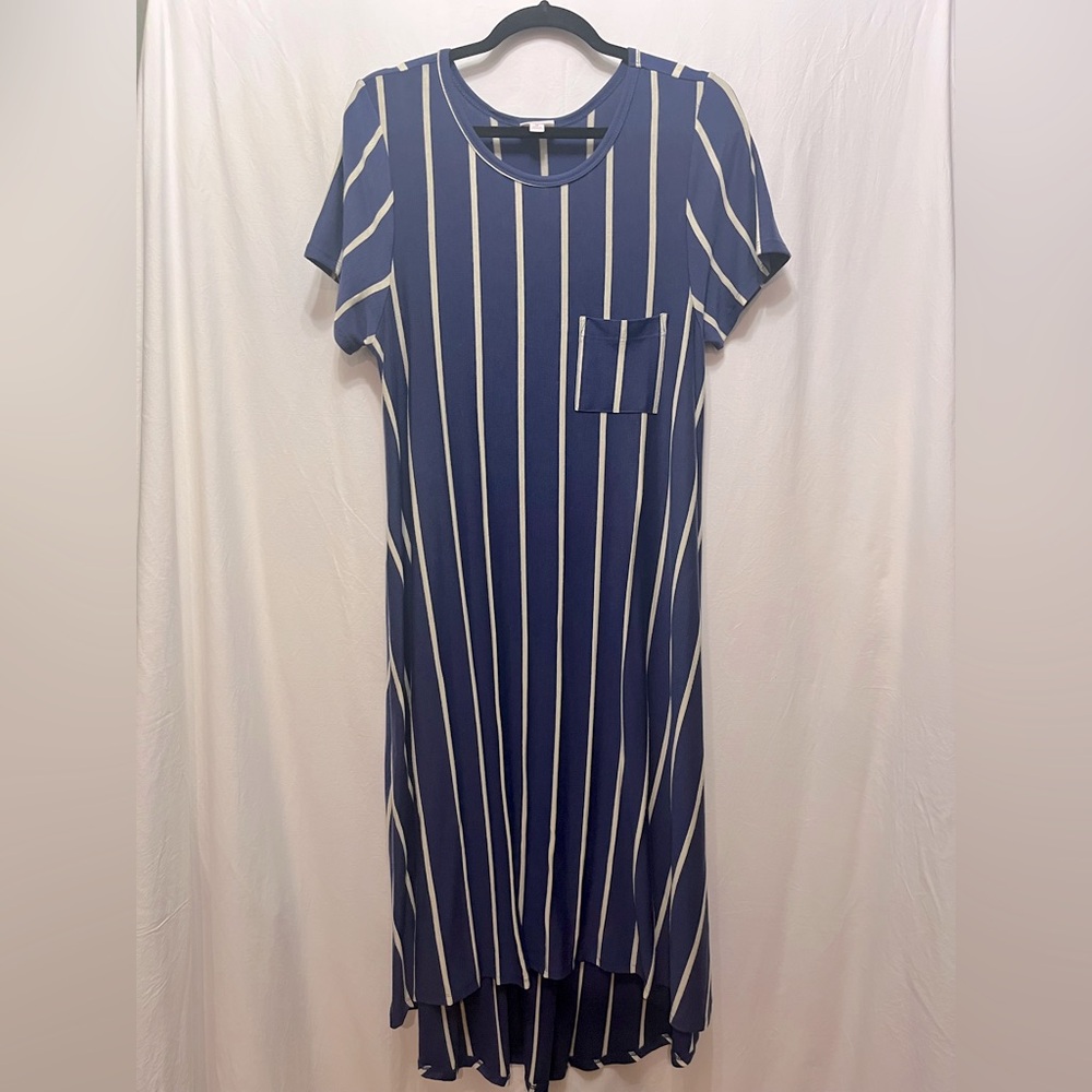 LuLaRoe Carly Medium Navy and Cream Striped High Low Dress